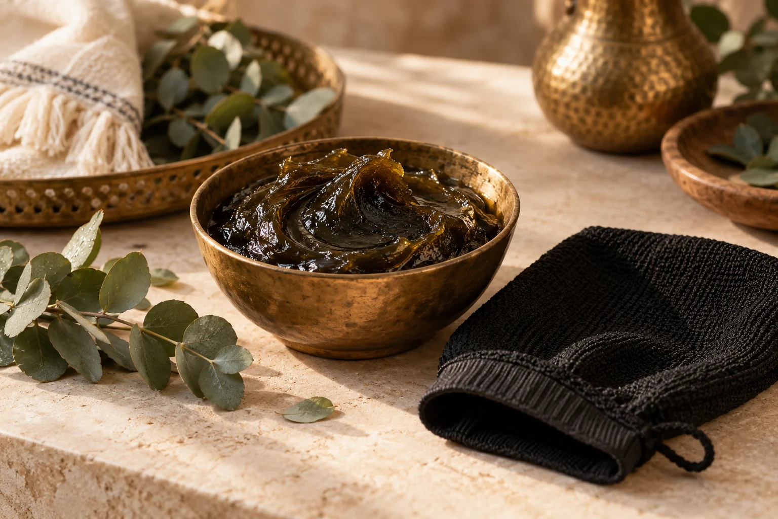 Illustration éditoriale du savon noir et du gant de kessa