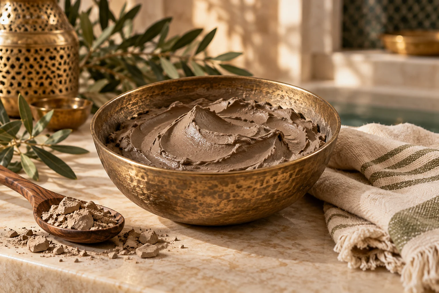 Illustration éditoriale des textures d’argile et de ghassoul